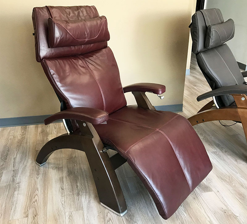 Burgundy Premium Leather PC-420 Perfect Chair Classic Manual Recline Dark Walnut Wood Recliner by Human Touch