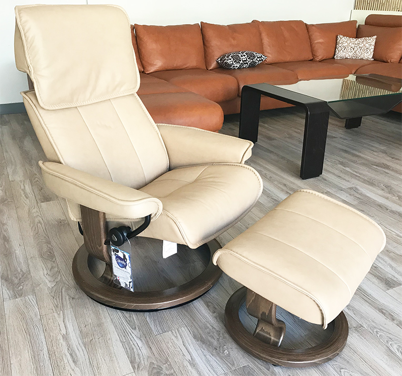 Stressless Admiral Classic Base Paloma Sand Leather Recliner Chair and Ottoman by Ekornes