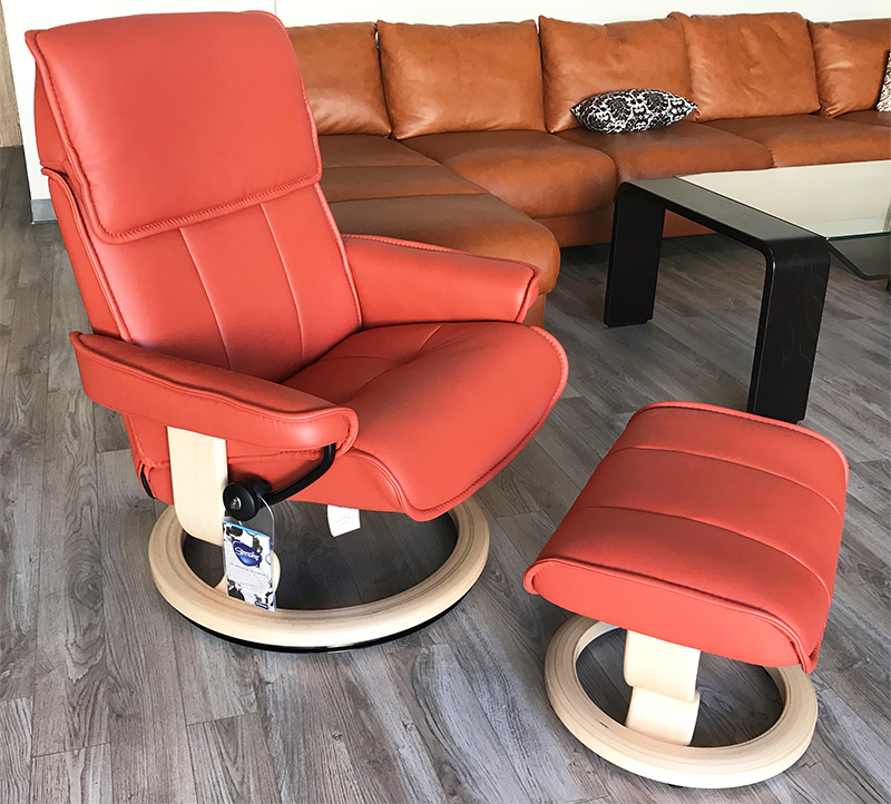 Stressless Admiral Large Paloma Henna Leather Recliner Chair and Ottoman by Ekornes