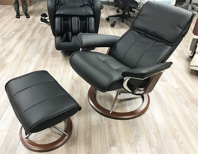 Stressless Admiral Signature Base Paloma Black Leather Recliner Chair and Ottoman by Ekornes