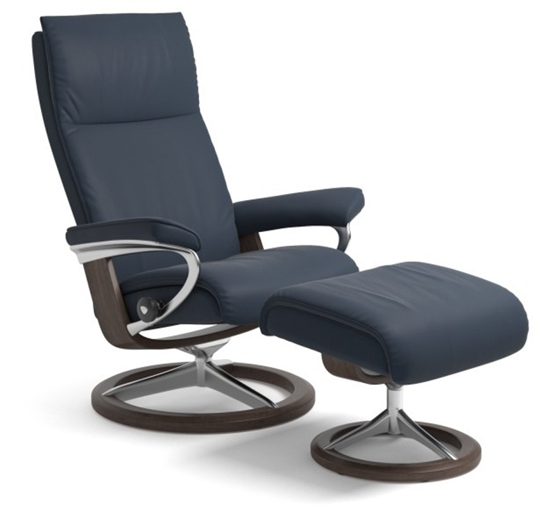 Stressless Aura Signature Paloma Oxford Blue Leather Recliner Chair and Ottoman by Ekornes