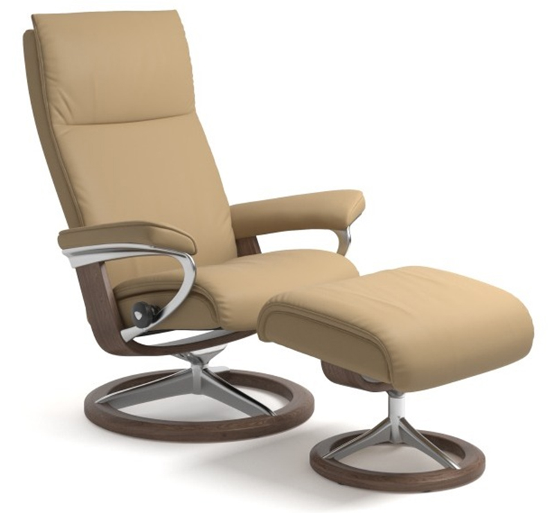 Stressless Aura Signature Paloma Sand Leather Recliner Chair and Ottoman by Ekornes