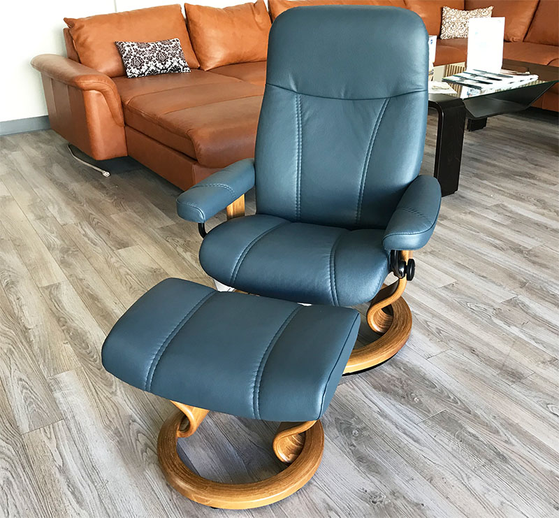 Stressless Consul Recliner Chair and Ottoman Batick Atlantic Blue Leather by Ekornes