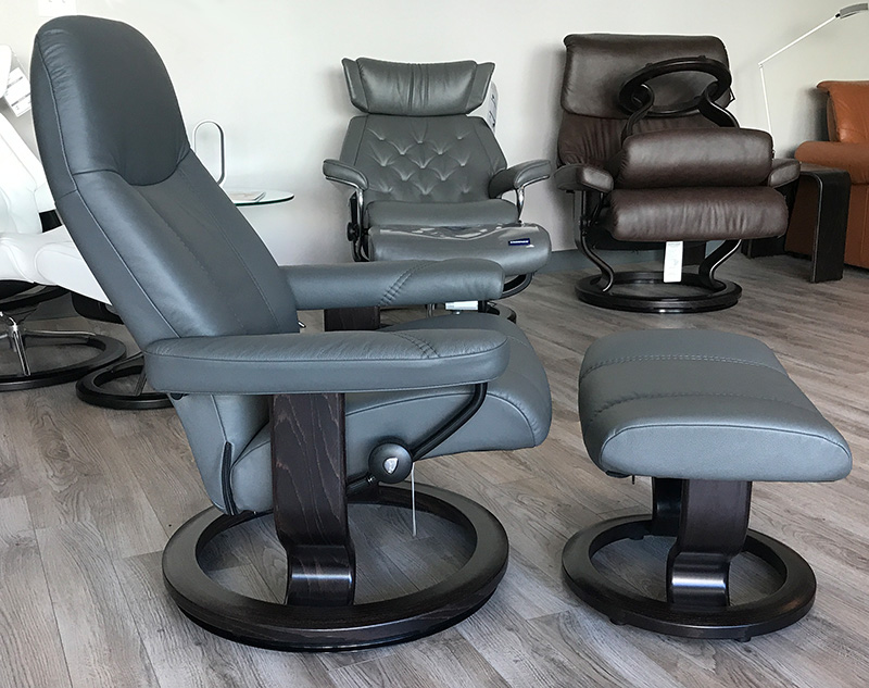 Stressless Consul Recliner Chair and Ottoman Batick Grey Leather by Ekornes