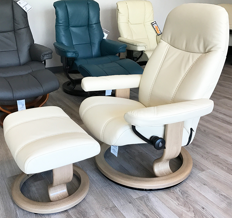 Stressless Consul Recliner Chair and Ottoman Batick Cream Leather by Ekornes