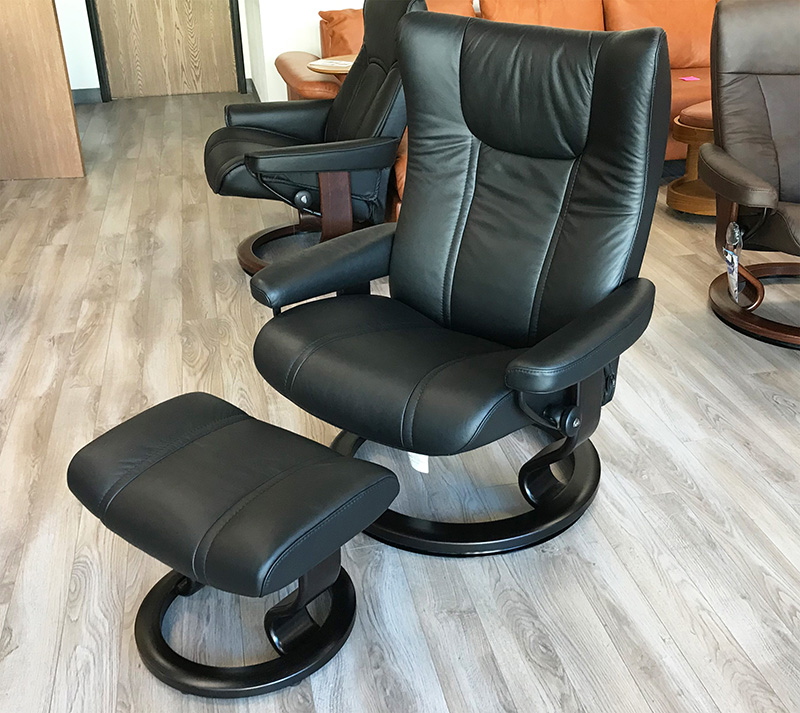 Stressless Eagle Large Wing Paloma Black Leather Recliner and Ottoman