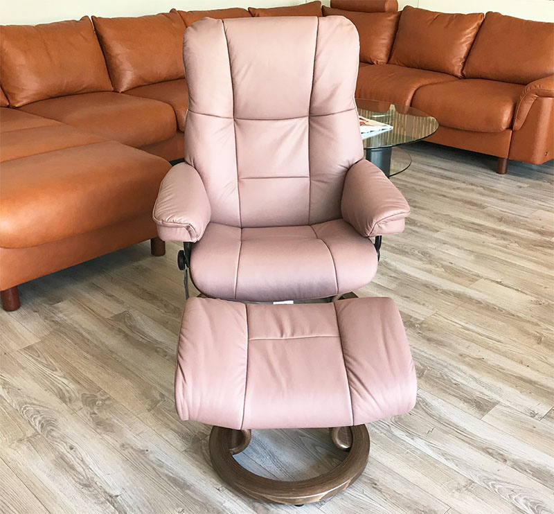 Stressless Mayfair Paloma Dusty Rose Leather Recliner Chair and Ottoman by Ekornes