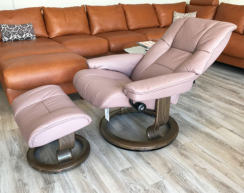 Stressless Mayfair Paloma Dusty Rose Leather Recliner Chair and Ottoman by Ekornes