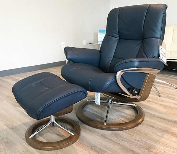 Stressless Mayfair Signature Base Paloma Oxford Blue Leather Recliner Chair and Ottoman with Walnut Wood Base by Ekornes