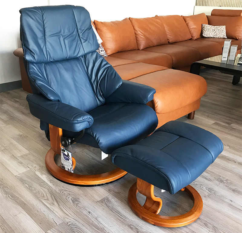 Stressless Reno Paloma Oxford Blue Leather Recliner Chair and Ottoman with Cherry Wood Stain by Ekornes