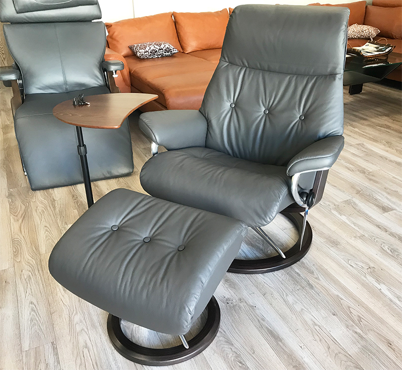 Stressless Sky Signature Wenge Wood Base Recliner Chair and Ottoman in Paloma Rock Leather