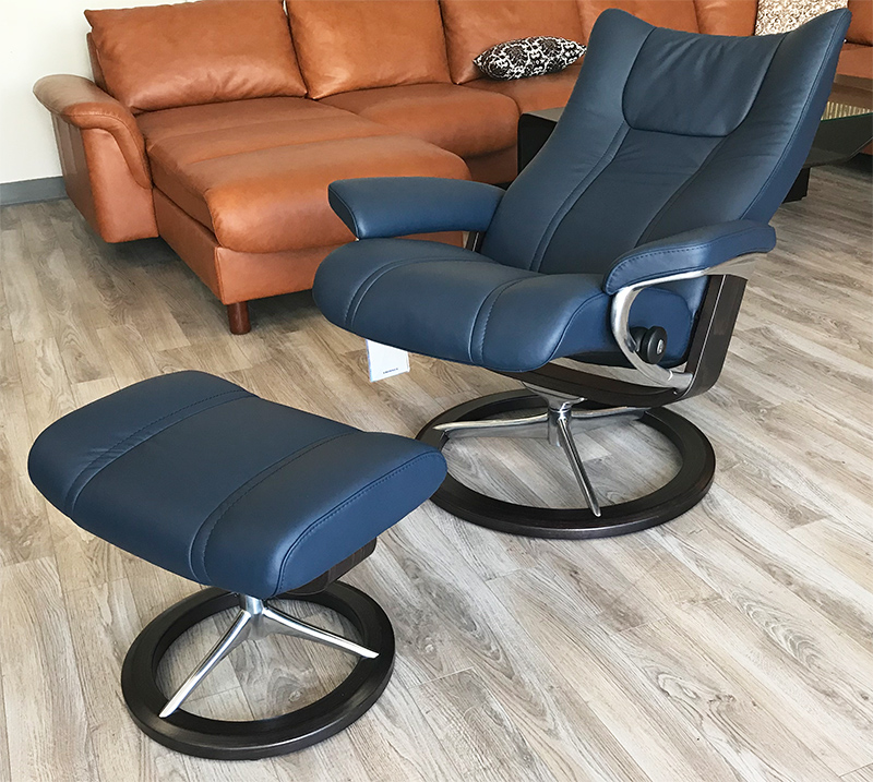 Stressless Wing Signature Base Recliner Chair and Ottoman in Paloma Oxford Blue Leather