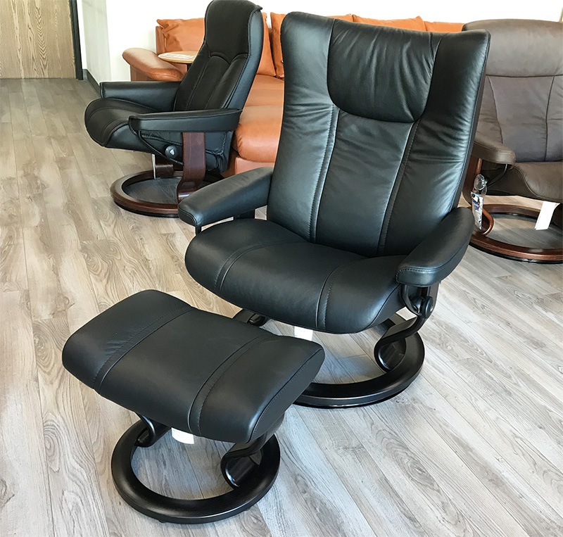 Stressless Wing Ekornes Recliner Chair and Ottoman in Paloma Black Leather