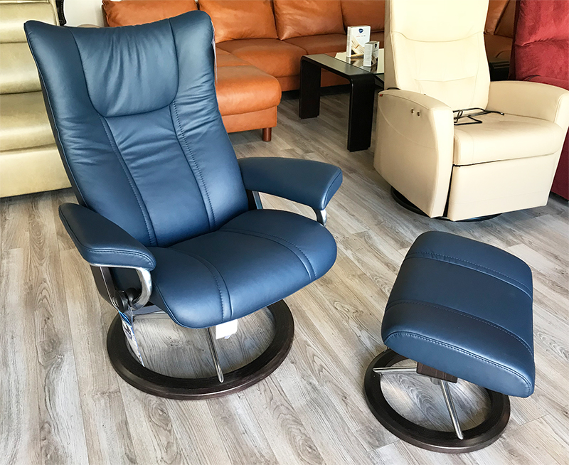 Stressless Wing Signature Wenge Wood Base Recliner Chair and Ottoman in Paloma Oxford Blue Leather