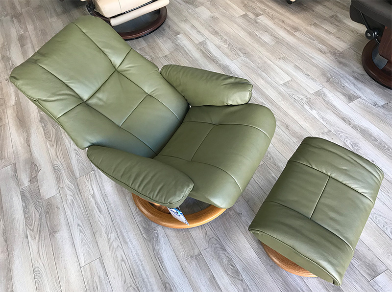 Stressless Mayfair Classic Base Paloma Dark Olive Leather Recliner Chair and Ottoman by Ekornes