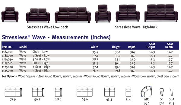 Stressless Wave Chair, Loveseat and Sofa Product Dimensions Measurements