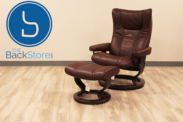 Stressless Wing Classic Wood Base Recliner Chair and Ottoman in Cori Amarone