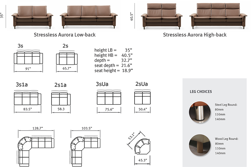 Stressless Aurora Leather Sofa, Loveseat and Sectional Dimensions by Ekornes