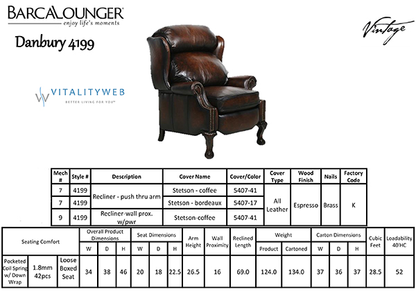 Barcalounger Danbury 4199 Leather Recliner Chair Dimensions