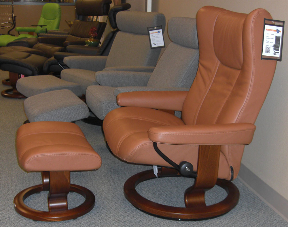 Stressless Wing Classic Palm Brown Leather Recliner Chair and Ottoman by Ekornes