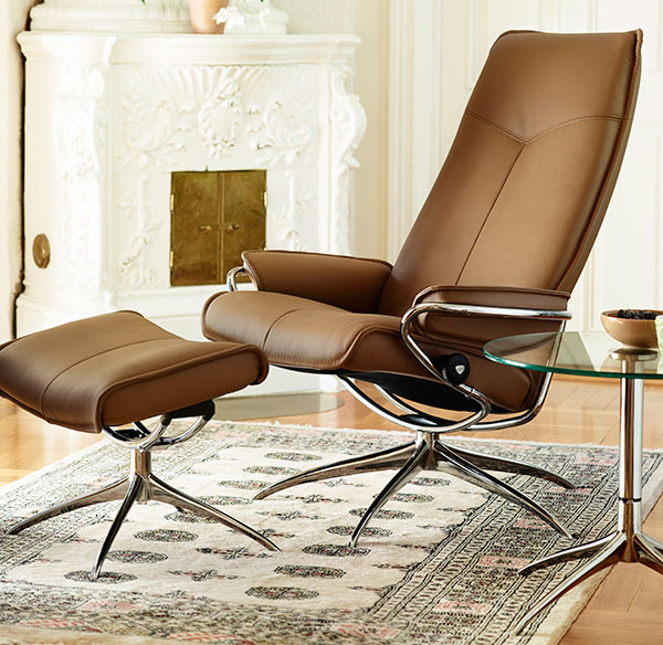 Stressless City High Back Brown Paloma Leather Recliner Chair and Ottoman by Ekornes