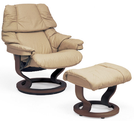 Stressless Reno Medium Classic Wood Base Recliner Chair and Ottoman
