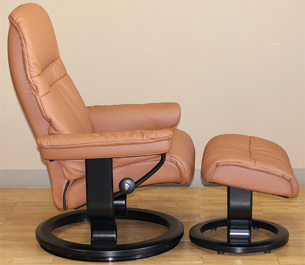 Stressless Sunrise Classic Palm Brown Color Leather Recliner Chair and Ottoman