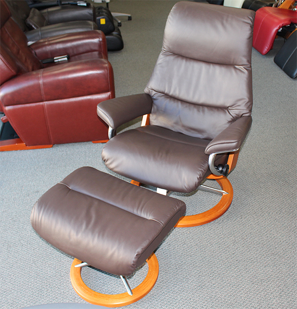 Stressless View Signature Recliner Chair and Ottoman in Paloma Mocca Leather
