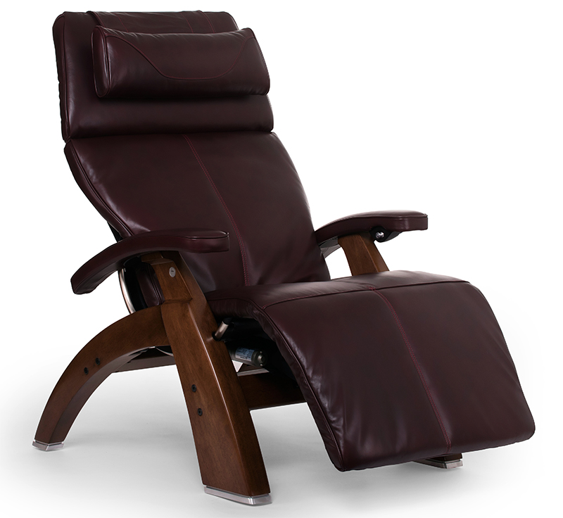 Burgundy Premium Leather Walnut Wood Base Series 2 Classic Perfect Chair Zero Gravity Power Recliner by Human Touch