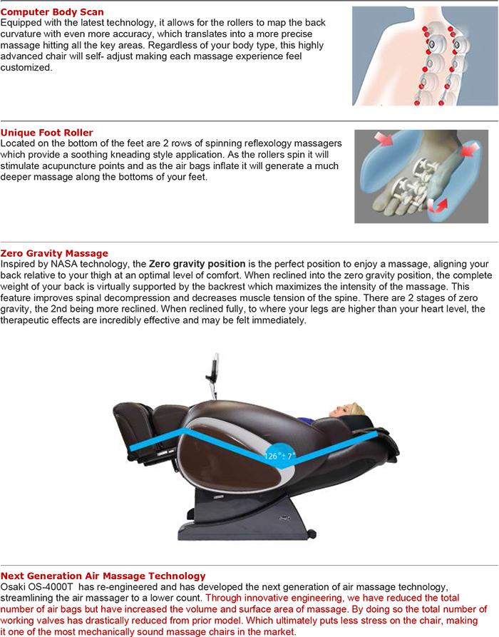 Osaki OS-4000T Zero Gravity Massage Chair Recliner Features