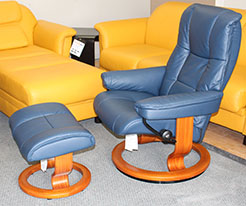 Stressless Kensington Oxford Blue Leather Recliner Chair and Ottoman