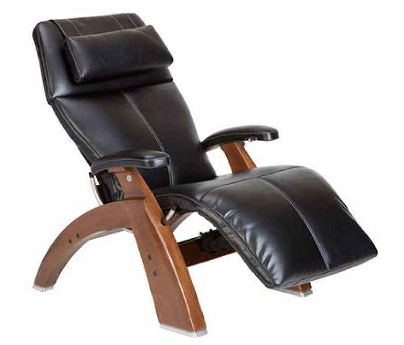 Black SofHyde Vinyl with a Walnut Wood Base Series 2 Classic PC-600 Power Silhouette Omni-Motion Perfect Chair Zero Gravity Power Recliner by Human Touch