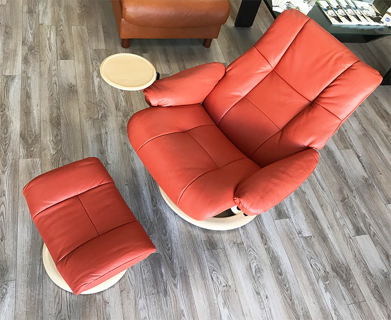 Stressless Large Mayfair Paloma Henna Leather Recliner Chair and Ottoman with Natural Wood by Ekornes